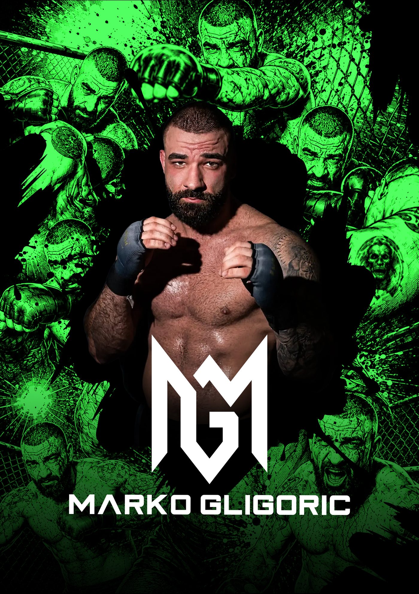 Marko Gligorić in Kampfhaltung mit MG-Logo vor grünem Artwork